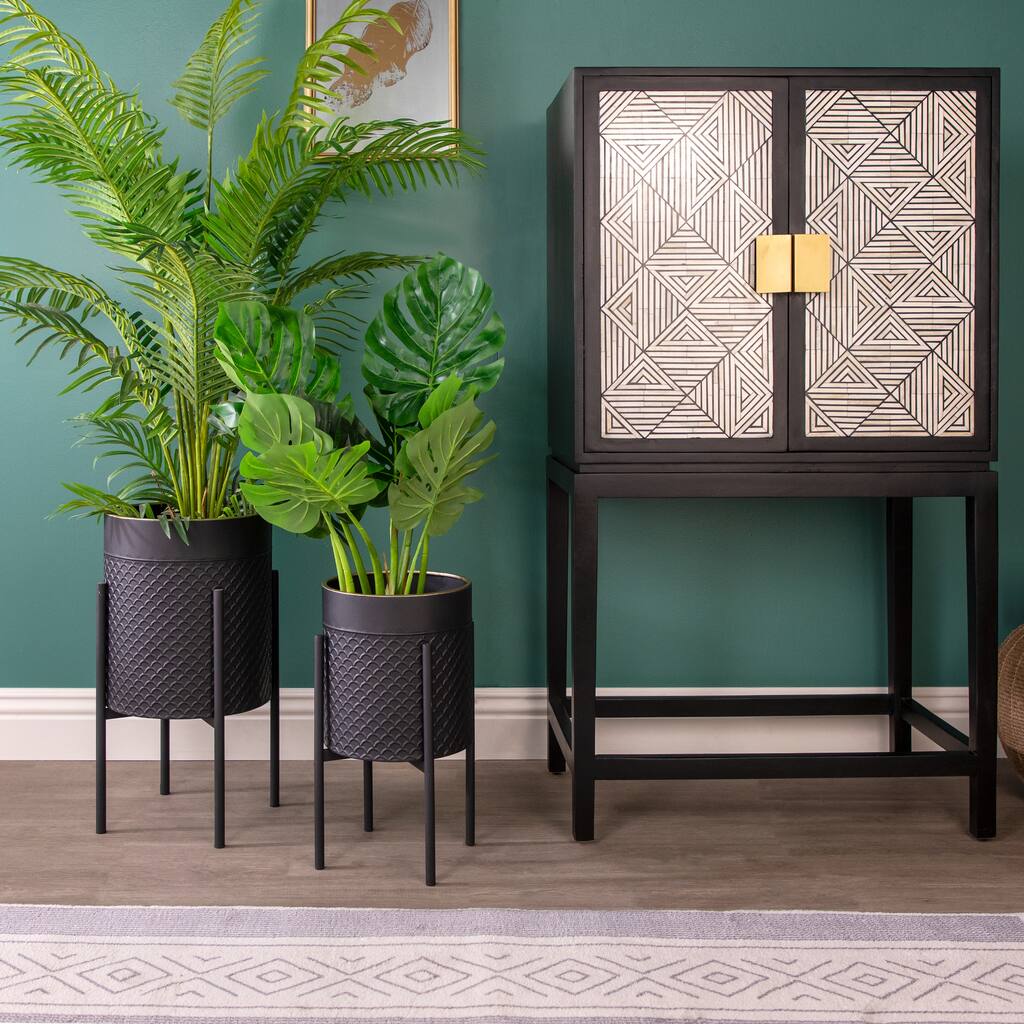 Black Metal Planter Pots on Gold Metal Leg Stands (Set of 2)