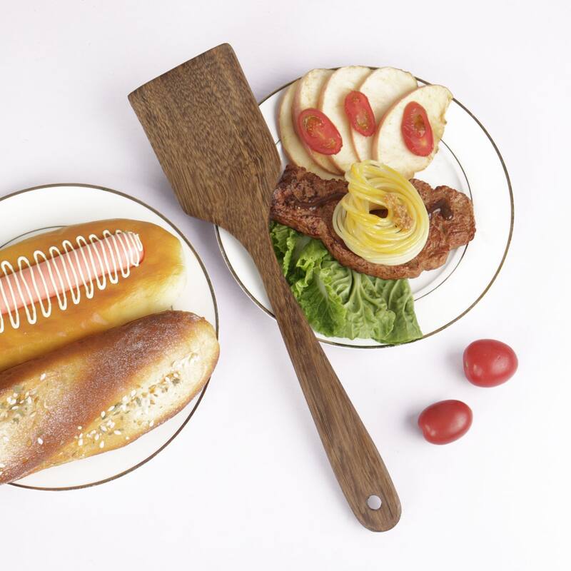 Wooden Turner Long Hand Stir Fry Spatula Kitchen Pan Cooking Baking Brown