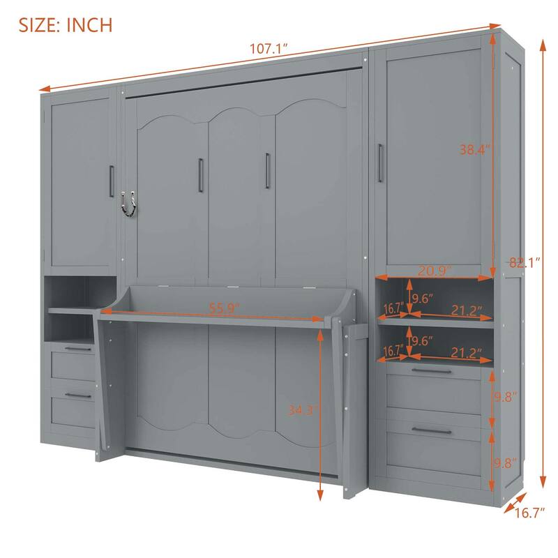 Full Size Murphy Bed with Closet, Drawers & Shelves - Space-Saving Wall Bed with Storage for Small Rooms