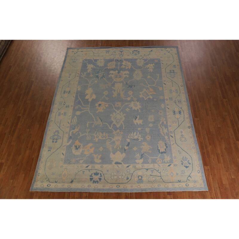Hand Knotted Oriental 100% Wool Carpet Transitional All-Over Navy Blue & Blues Oushak Area Rug - 12' 0'' X 9' 5''