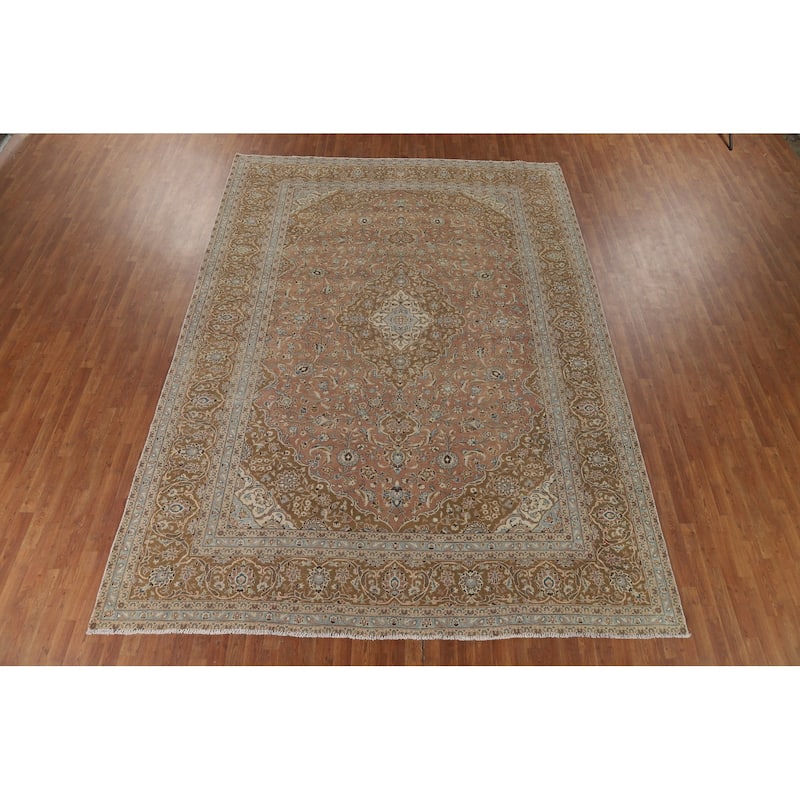 Traditional Kashan Vintage Persian Rug Hand-Knotted Pink Wool Carpet - 9'6" x 13'0"