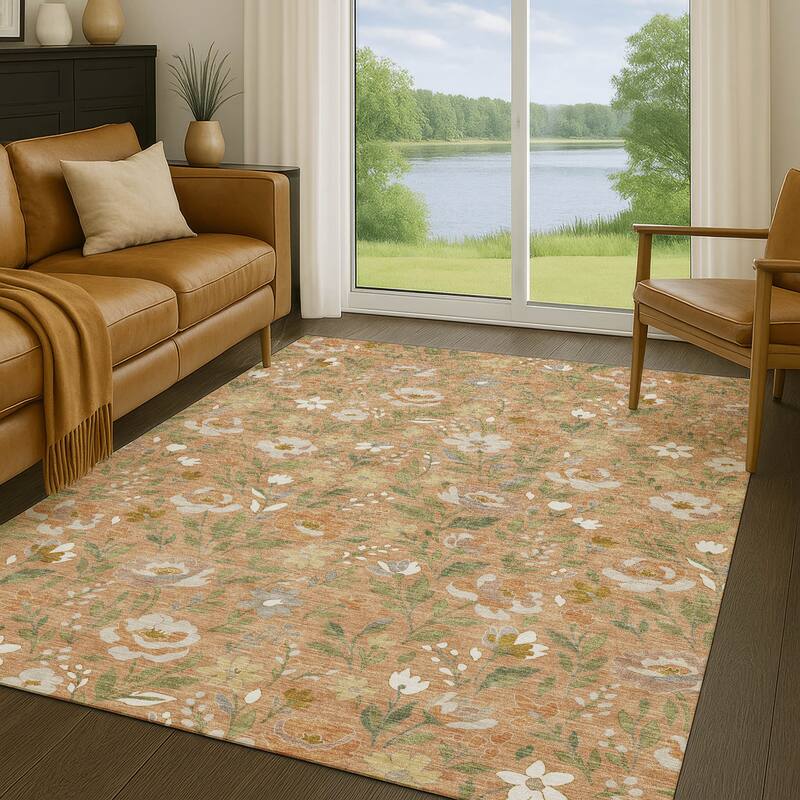 Machine Washable Indoor/ Outdoor Floral Garden Chantille Rug