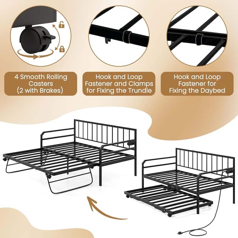 Metal Twin Daybed with Trundle Twin Bed Frame w/ Charging Station