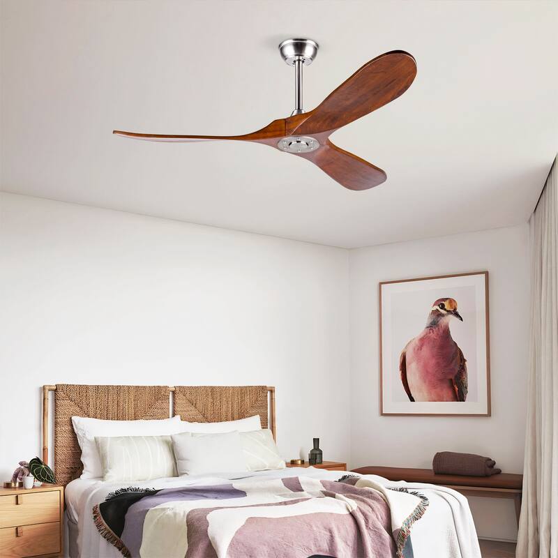 52" Solid Wood Ceiling Fan, Outdoor, 3 Blade, No Light, for Patio Living Room Bedroom Porch, Remote Control, Water Resistant