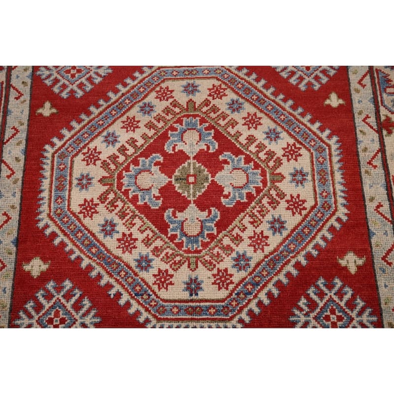 Geometric Red Kazak Runner Rug Hand-Knotted Hallway Wool Carpet - 3'11" x 13'4"