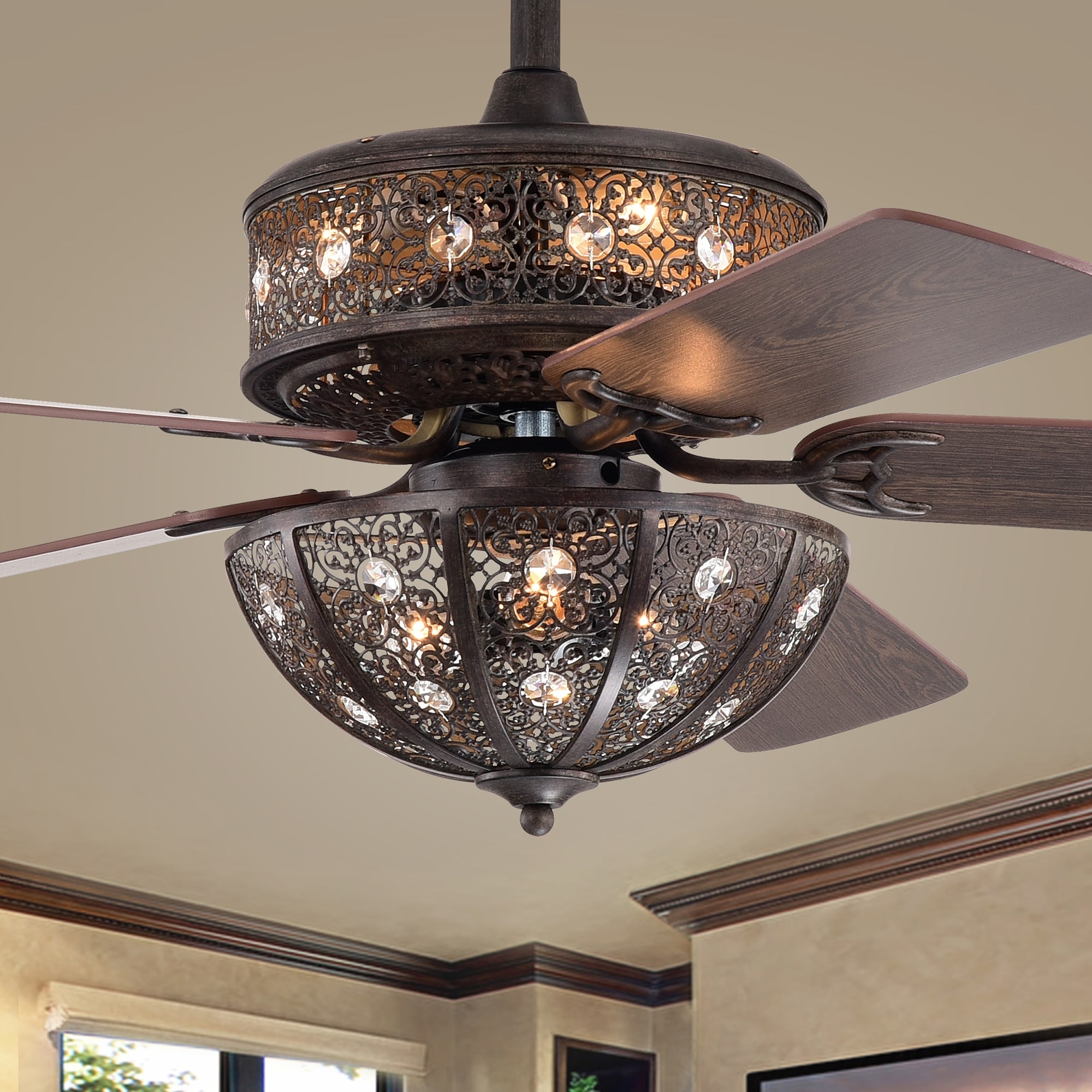 Warehouse of Tiffany Milly Antique Bronze 52-Inch 5-Blade Flower Pattern Metal/Crystal Lighted Ceiling Fan