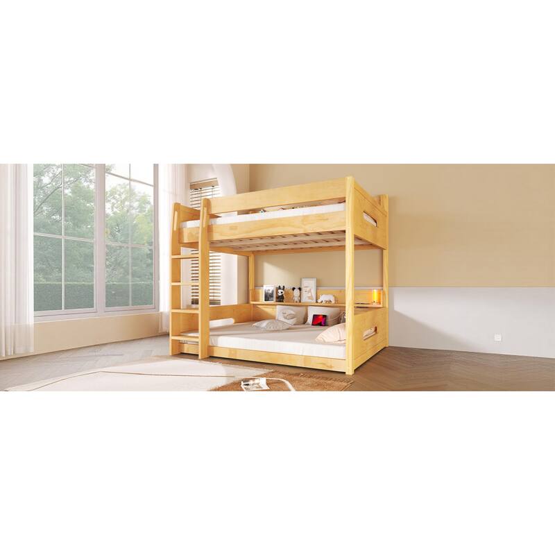 Roomfitters Queen Over Queen Bunk Bed with Storage Shelves and USB Ports