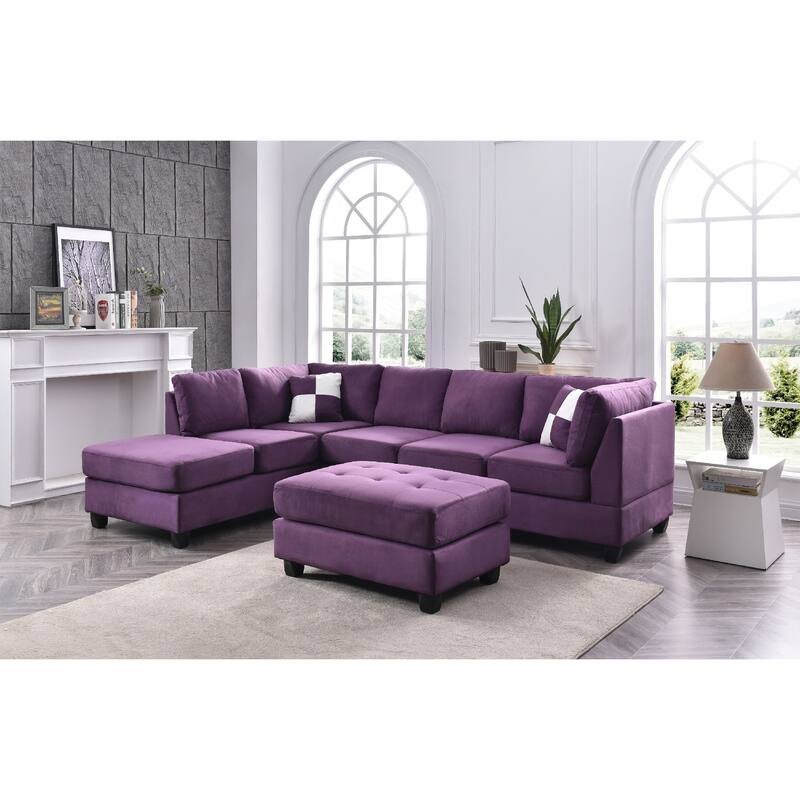 Reversible Microsuede 4-Seater Sectional Sofa with Throw Pillows - 111" - Purple