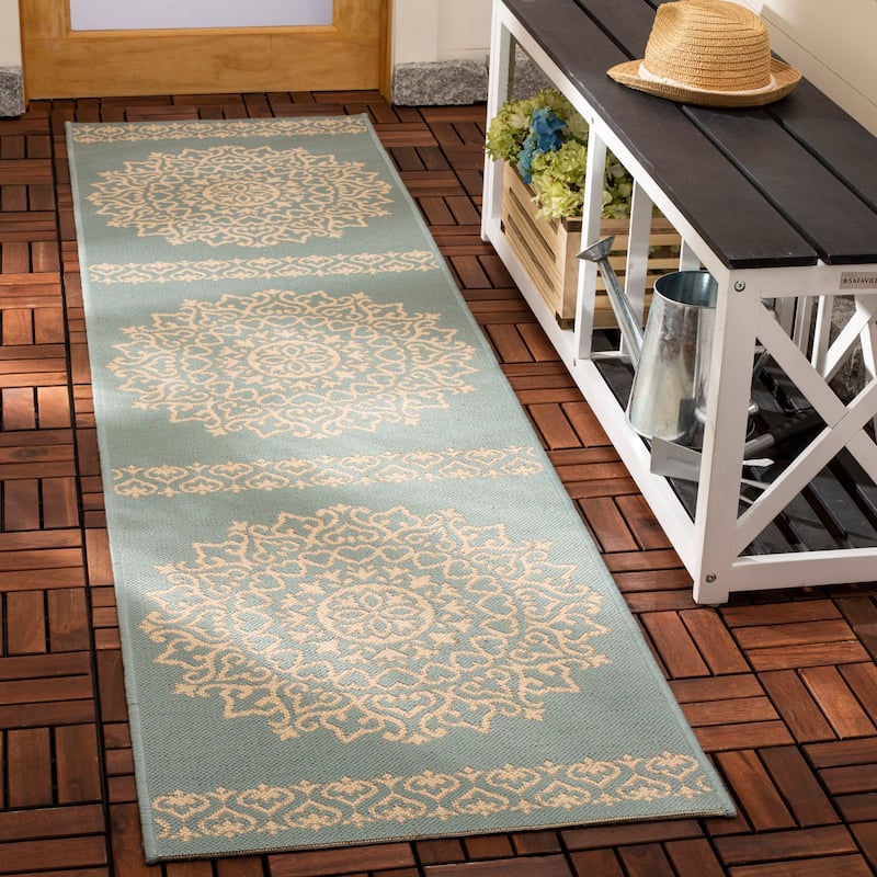 SAFAVIEH Beach House Angelien Indoor/ Outdoor Waterproof Patio Backyard Rug - 2'2" x 12' Runner - Cream/Aqua
