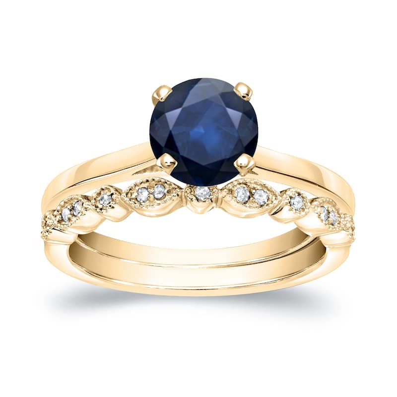 Auriya 14k Gold 3/4ctw Vintage Solitaire Sapphire Engagement Ring Set 1/6ctw