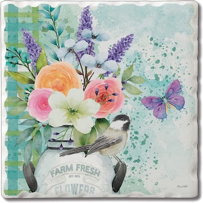 CounterArt Farm Fresh Flowers Absorbent Stone Tumbled Tile Coaster Set of 4 Made in The USA Protective Cork Backing