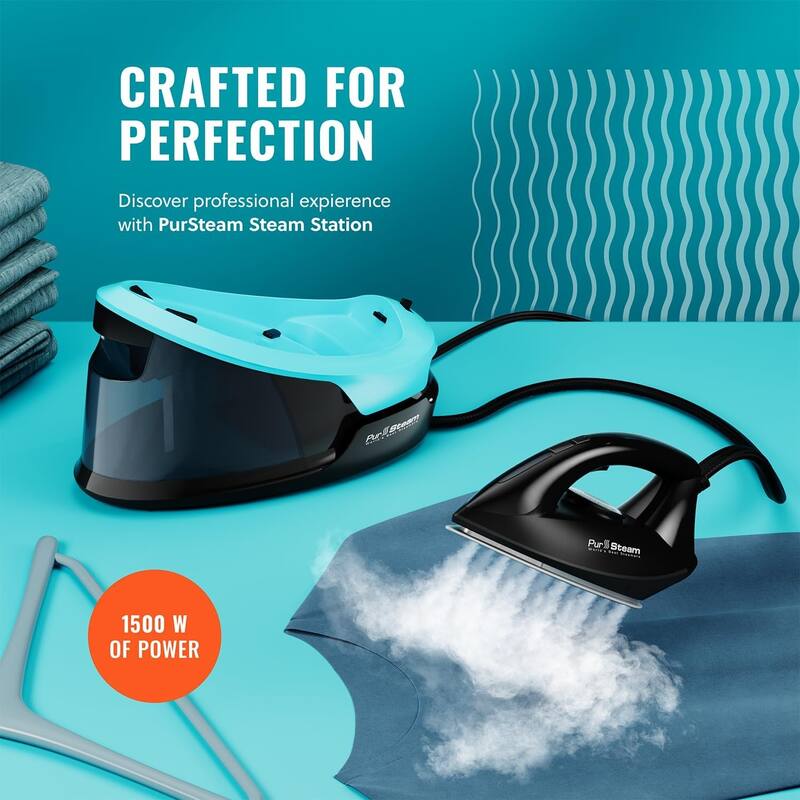 PurSteam Steam Station Max Ceramic Soleplate Steam Iron for Clothes 1500W, 50.7oz Removable Water Tank Iron Steamer