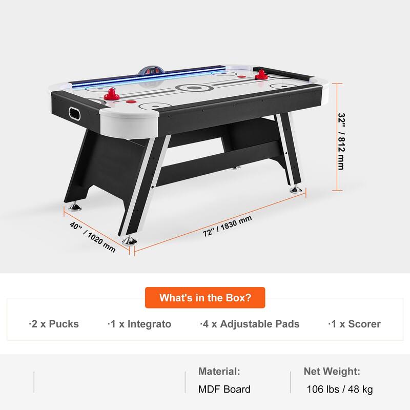 72" Indoor Air-Powered Hockey Game Table with LED Light Strip and PVC Surface - 72”L x 40”W x 32”H