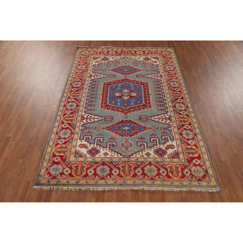 Geometric Heriz Serapi Indian Area Rug Hand-Knotted Blue Wool Carpet - 6'0" x 9'0"