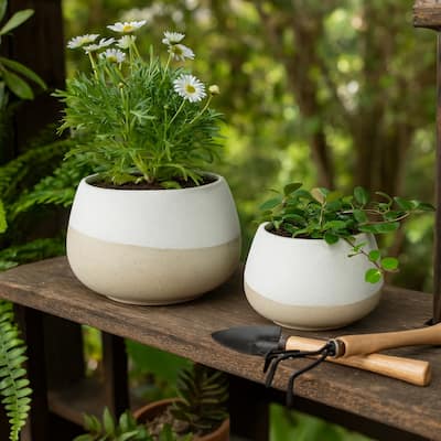 Stoneware Ceramic Planters Two-Tone Design (Set of 2) - 12" x 12" x 8"
