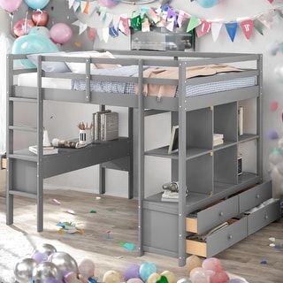 Full Size Multifunctional Loft Bed with Two Drawers, and Storage Shelves and Drawers-Gray