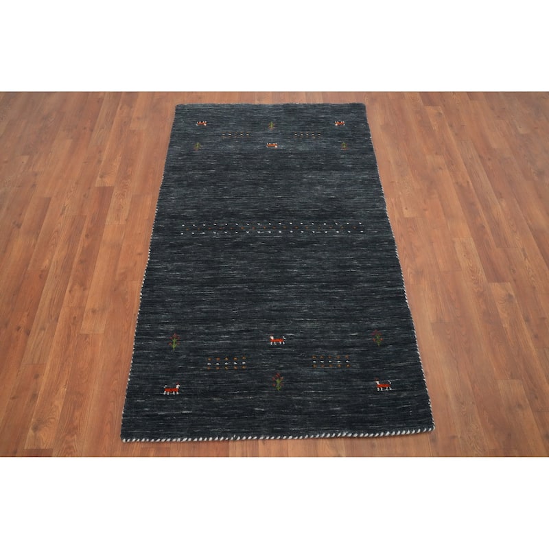 Hand Knotted Oriental 100% Wool Carpet Tribal Animal Pictorial Navy Blue & Blues Gabbeh Area Rug - 4' 11'' X 3' 0''