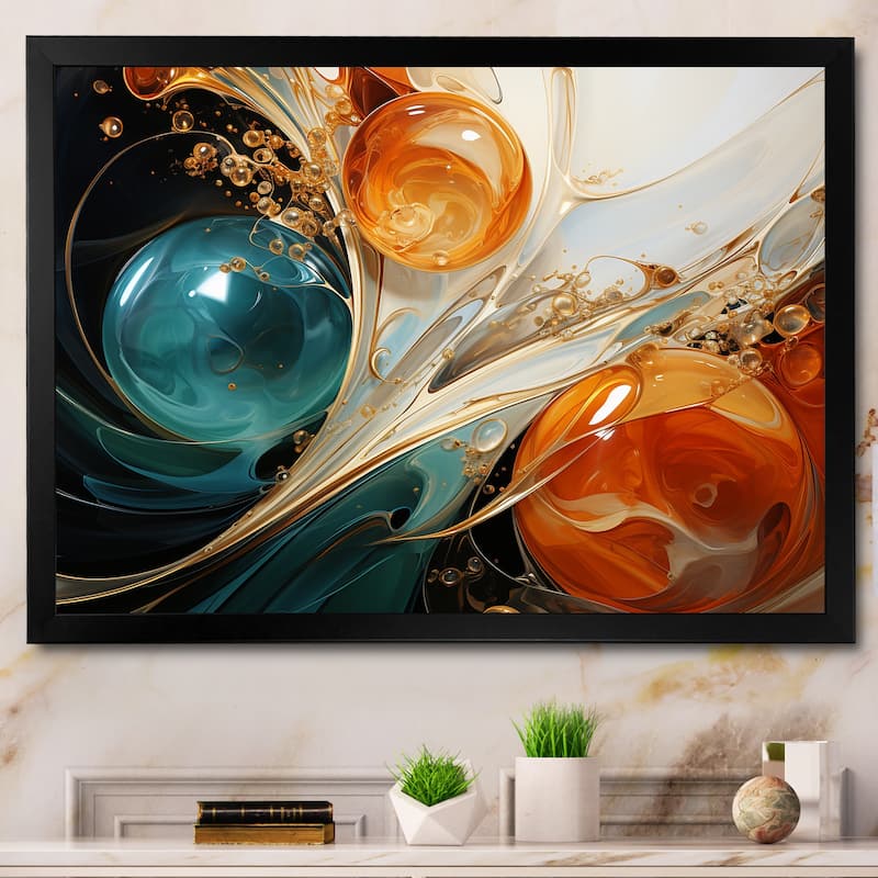Designart "White Blue And Orange Ink Storm III" Abstract Painting Blue Wall Decor Modern Bedroom Framed Canvas Wall Art - 44 in. wide x 34 in. high - Black
