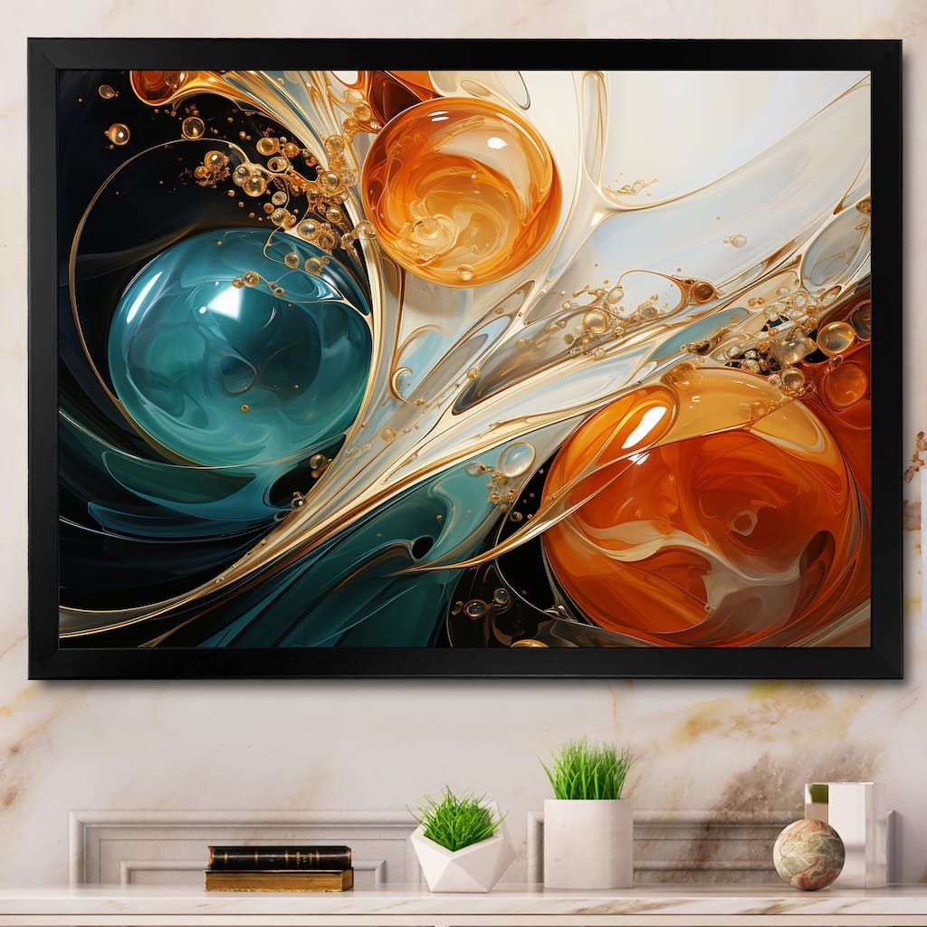 Designart "White Blue And Orange Ink Storm III" Abstract Painting Blue Wall Decor Modern Bedroom Framed Canvas Wall Art