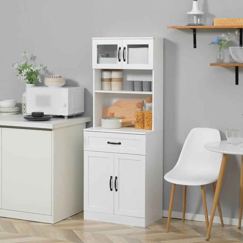 White Kitchen Pantry Cabinet with Glass Doors and Adjustable Shelves Drawer and Counter Space - 23.5" W x 15" D x 63.5" H