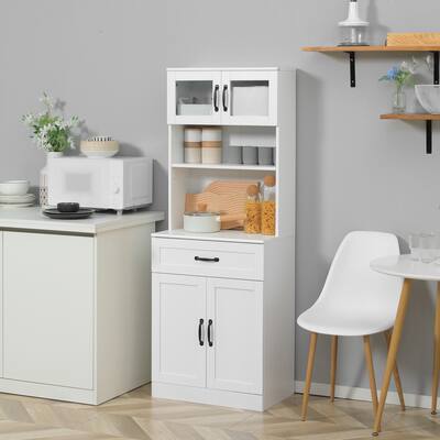 White Kitchen Pantry Cabinet with Glass Doors and Adjustable Shelves Drawer and Counter Space - 23.5" W x 15" D x 63.5" H