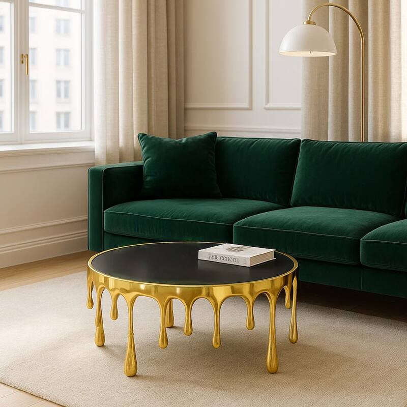 Capri Coffee Table, 36 Inch Round Glass Top, Melting Drip Design, Antique Gold