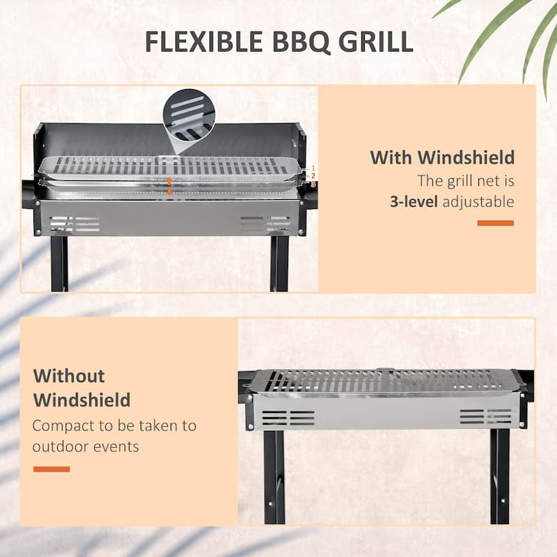 Outsunny BBQ Rotisserie Grill Roaster Charcoal Spit Roasting Machine for Chicken Turkey w/ Grill Grate, Shelves & Wind Deflector