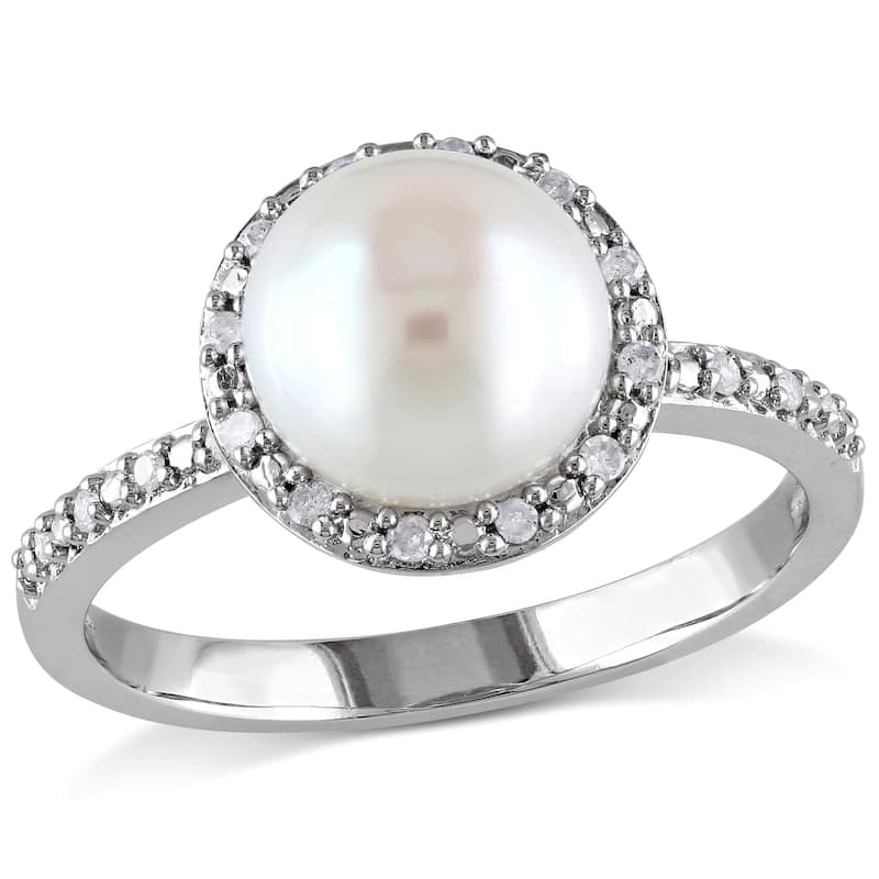 Miadora 8-8.5mm Japanese Akoya Cultured Pearl 1/10 CT TW Diamond Ring Sterling Silver