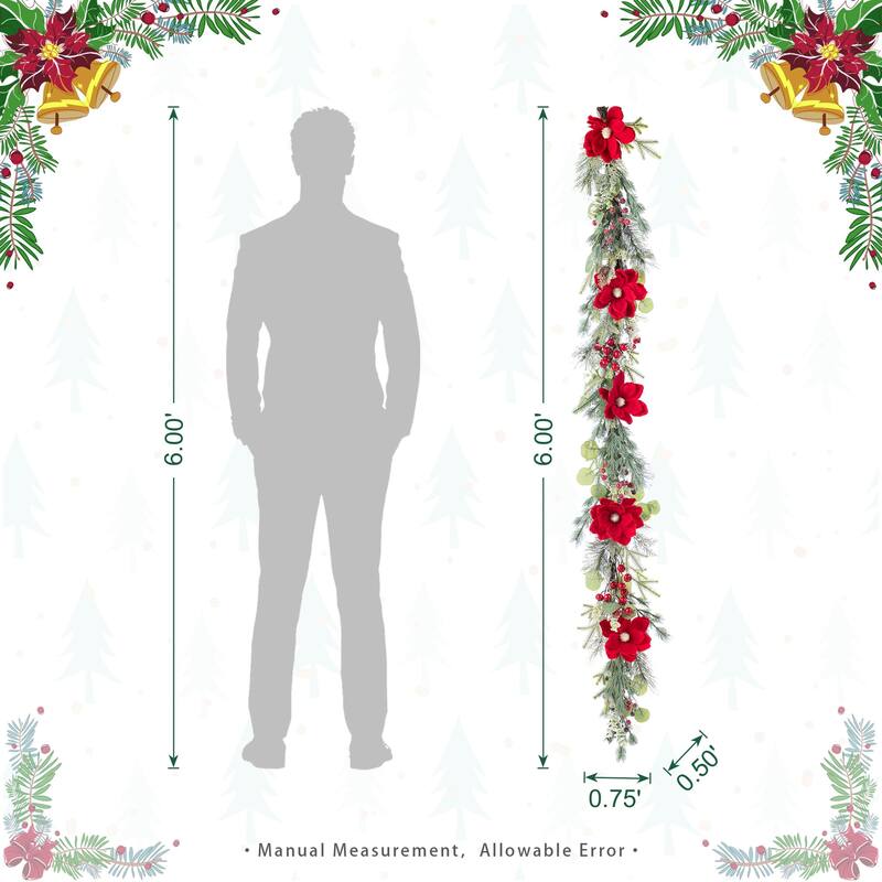 Glitzhome Christmas Red Mangnolia & Berry Wreath Garland Teardrop Hanging Decor