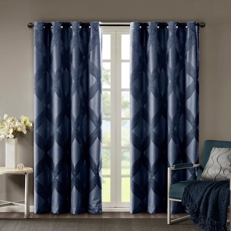SunSmart Abel Ogee Knitted Jacquard Total Blackout Curtain Panel - 50"W X 95"L - Navy