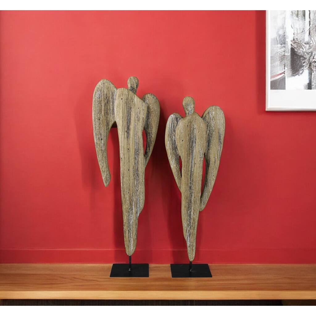 HomeRoots Set of Two Natural Solid Wood Angel Christmas Tabletop Sculpture - 2.5' X '16' X '5.25