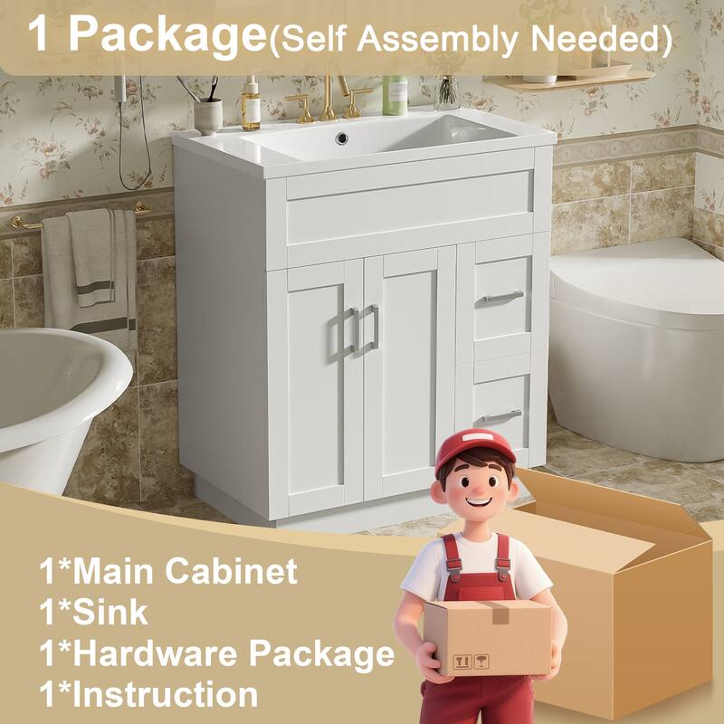 GDFStudio - Transitional Bathroom Vanity with Resin Sink, Adjustable Shelves, Soft-Close Doors & Hidden Drawers