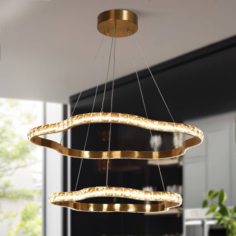 Modern 2-Light LED Crystal Chandelier 2-Tier Ceiling Lights for Dining Room - Dia. 25.6" x H 3"