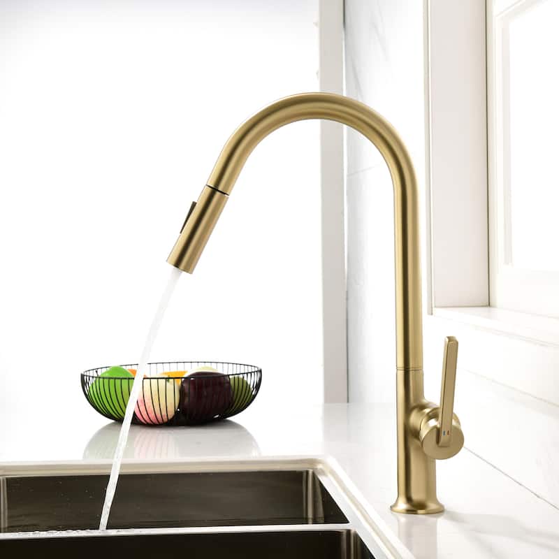 Single Handle Pull Down Sprayer Kitchen Sink Faucet Modern Commercial Kitchen Basin Faucets Brushed Gold