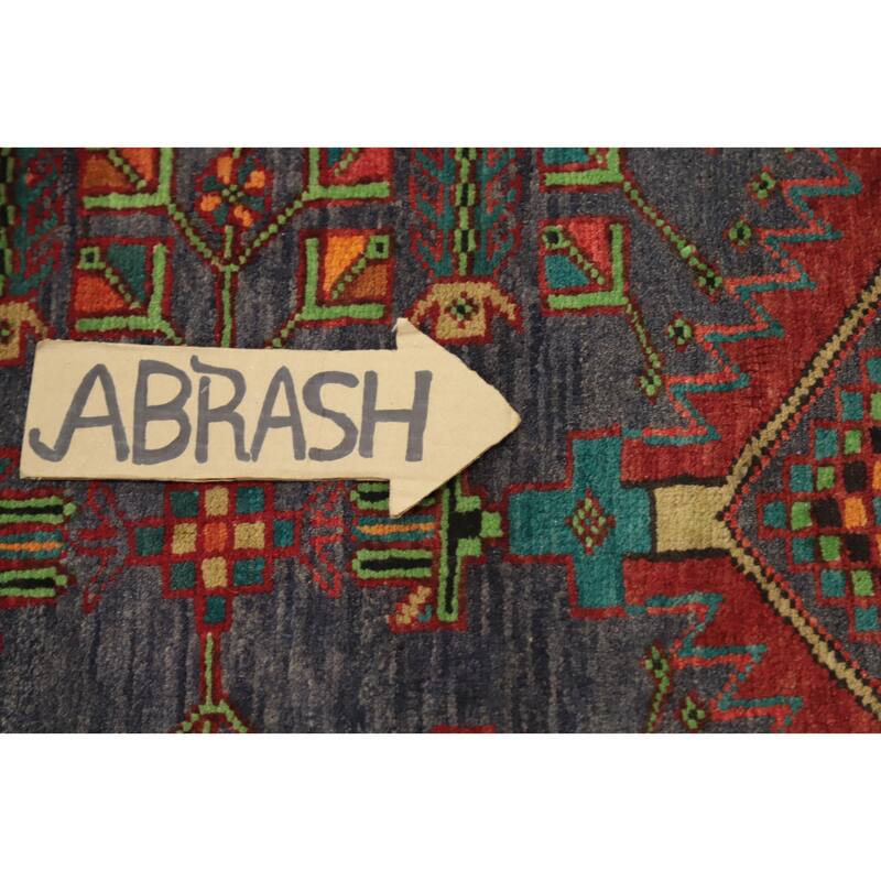 Hand Knotted Oriental 100% Wool Carpet Traditional Geometric Navy Blue & Blues Heriz Runner Rug - 10' 6'' X 3' 8''
