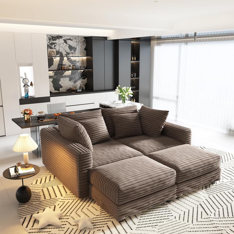 102.4" Corduroy Couch with Ottomans, 4 Seat Convertible Modular Sectional Sofa, Upholstered Couches with Pillows for Living Room