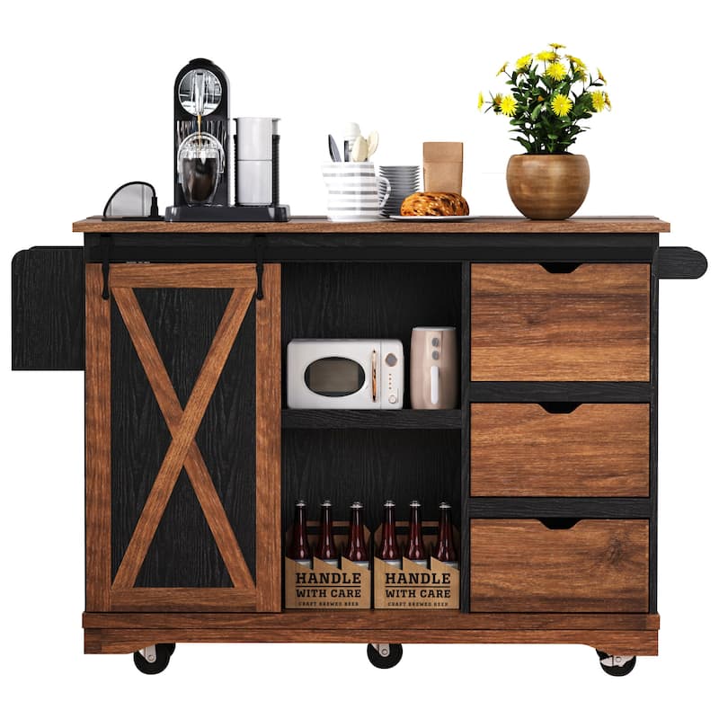 55.5" Farmhouse Kitchen Island – Features Drop Leaf, Barn Door Storage, Power Outlet & Wheels, Includes Spice Rack‌