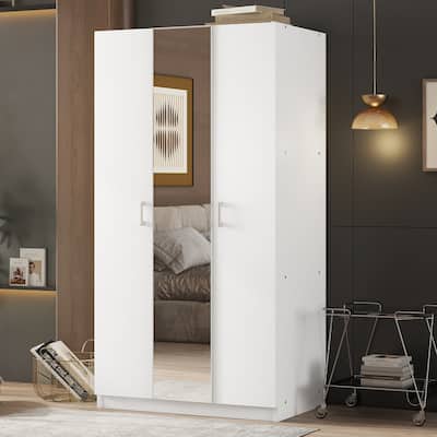 3 Door Floor Wardrobe Wooden Armoire Closet Organizer with 2 Drawers and Large Shelves Built-in Hanging Rods for Bedroom