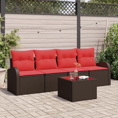vidaXL 5 Garden Sofa Set with Cushions Black/Brown/Grey Poly Rattan - 92.1 x 24.4 x 27.2