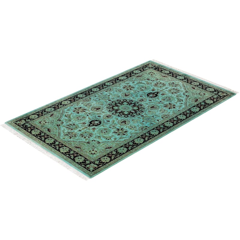 Overton Hand Knotted Wool Vintage Inspired Modern Contemporary Overdyed Blue Area Rug - 3' 2" x 5' 3"