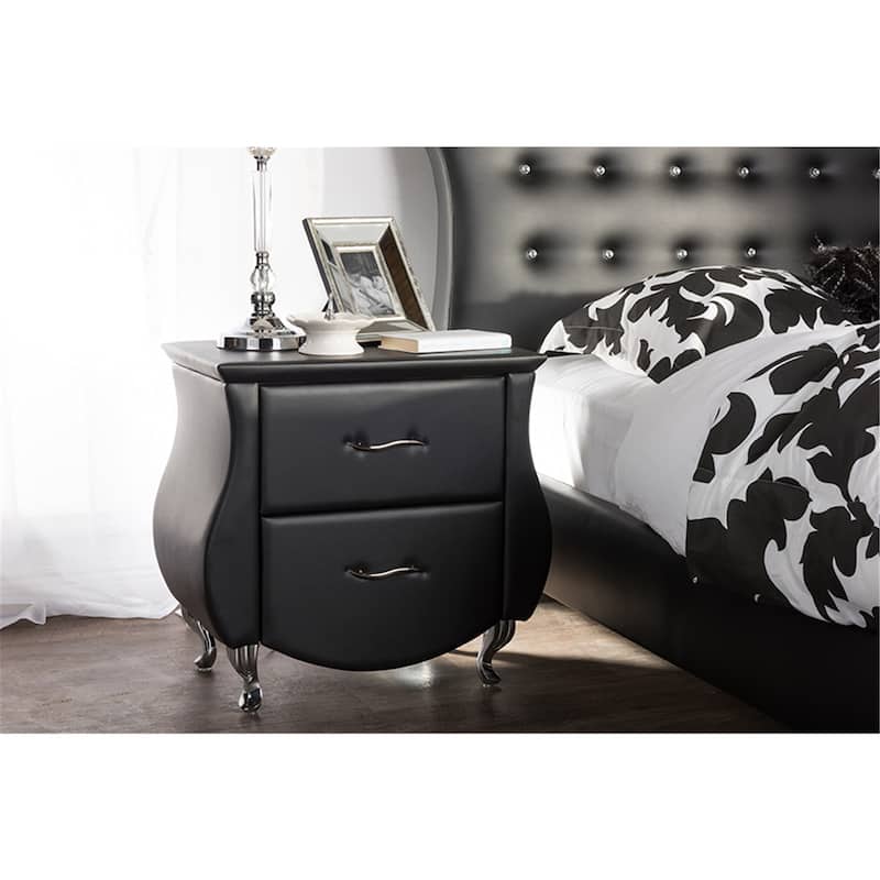 Modern Nightstand with 2 Drawers, Black Bedside Table, Steel Legs, Contemporary Accent Furniture