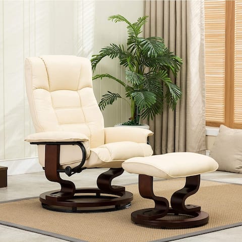 Mcombo Swiveling Recliner Chair with Wood Base and Ottoman