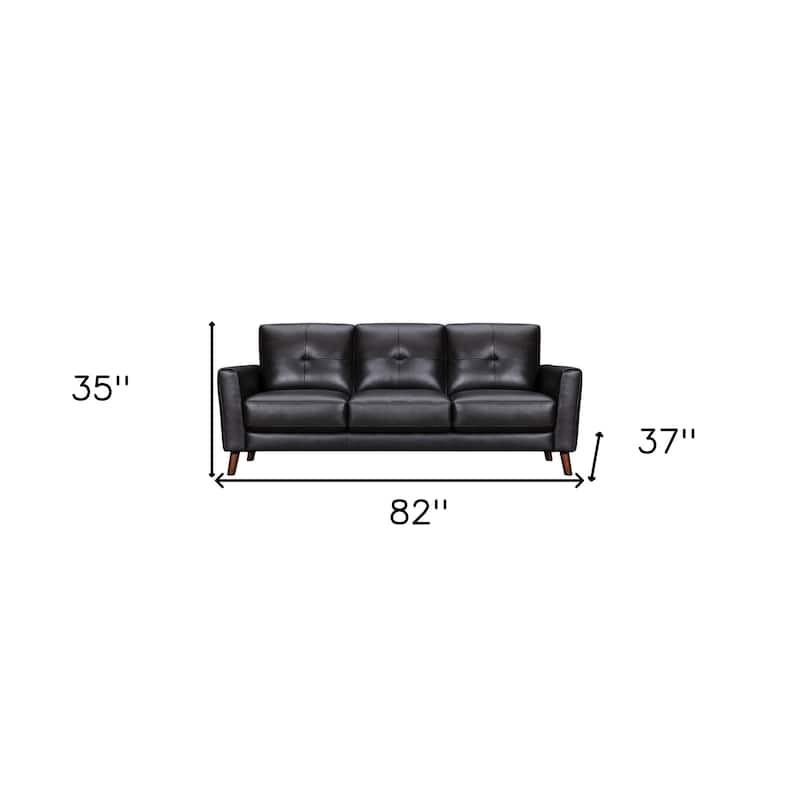 HomeRoots 82" Black Leather Sofa With Brown Legs