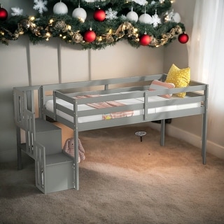 Contemporary Twin Size Loft Bed with 2 Storage Staircase and Guardrails, Space for Entertainment, Solid Construction, Grey