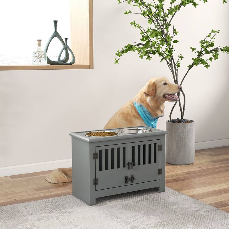 PawHut Large Elevated Dog Bowls with Storage Cabinet Containing 37L Capacity, Pet Food Bowl Dog Feeding Station
