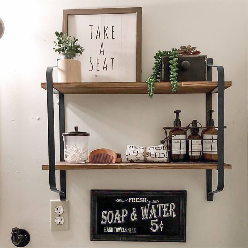 Dual Layers Rustic Wall Mounted Floating Storage Shelf Display Rack - Black