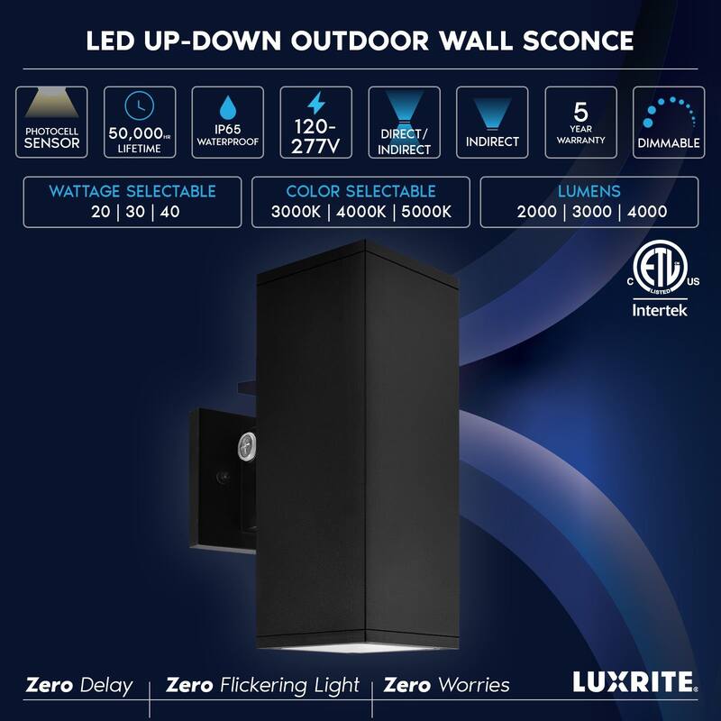 Luxrite Dusk to Dawn LED Outdoor Wall Light, 12", Up or Up and Down Light, 3CCT 3000K-5000K, 20/30/40W, IP65, ETL 2-Pack