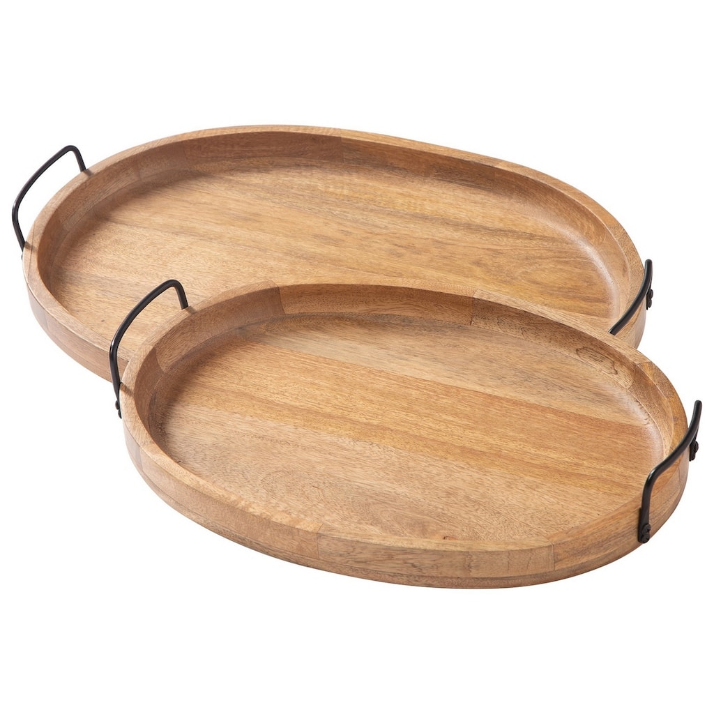 Tray with Wooden Oval Shape and Sleek Handles, Set of 2, Brown