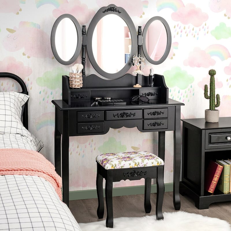 Gymax Vanity Makeup Set W/7 Drawer Tri-Folding Mirror Dressing Table & - Black
