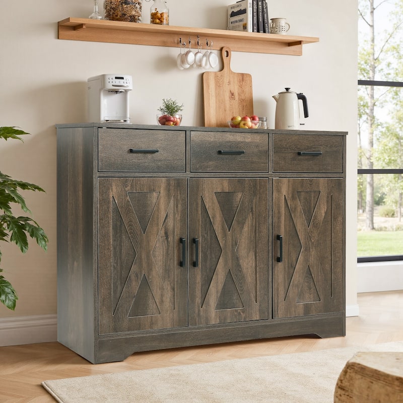Barn Door Buffets Storage Cabinet Sideboards with 3 Drawers